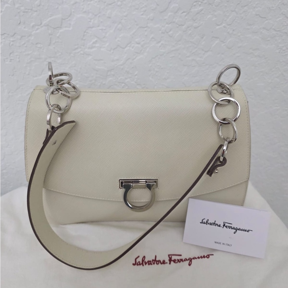 Salvatore Ferragamo Ivory Shoulder Bag with Silver Accents